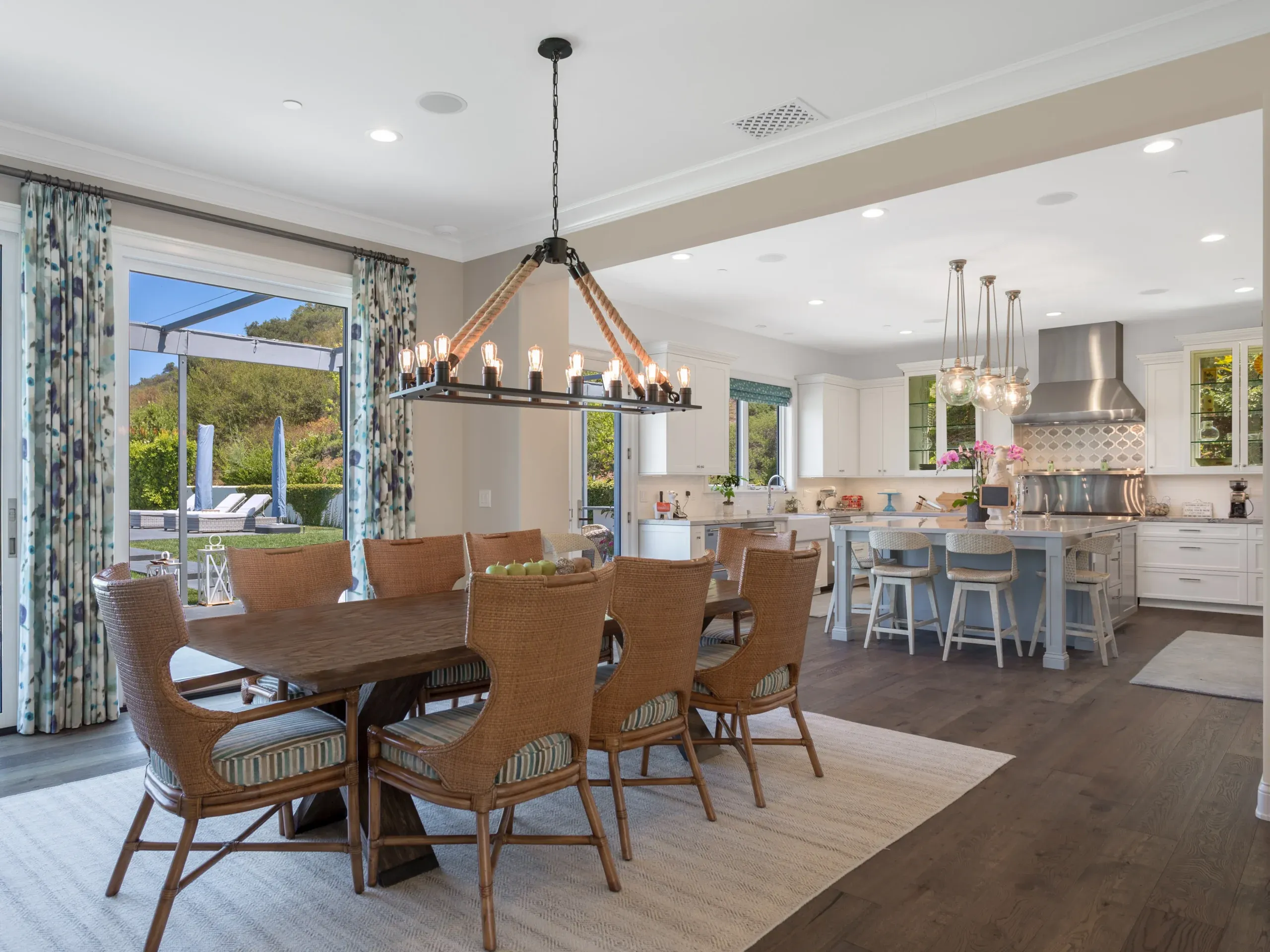 Dining area flowing into the new kitchen at the Lake Sherwood home