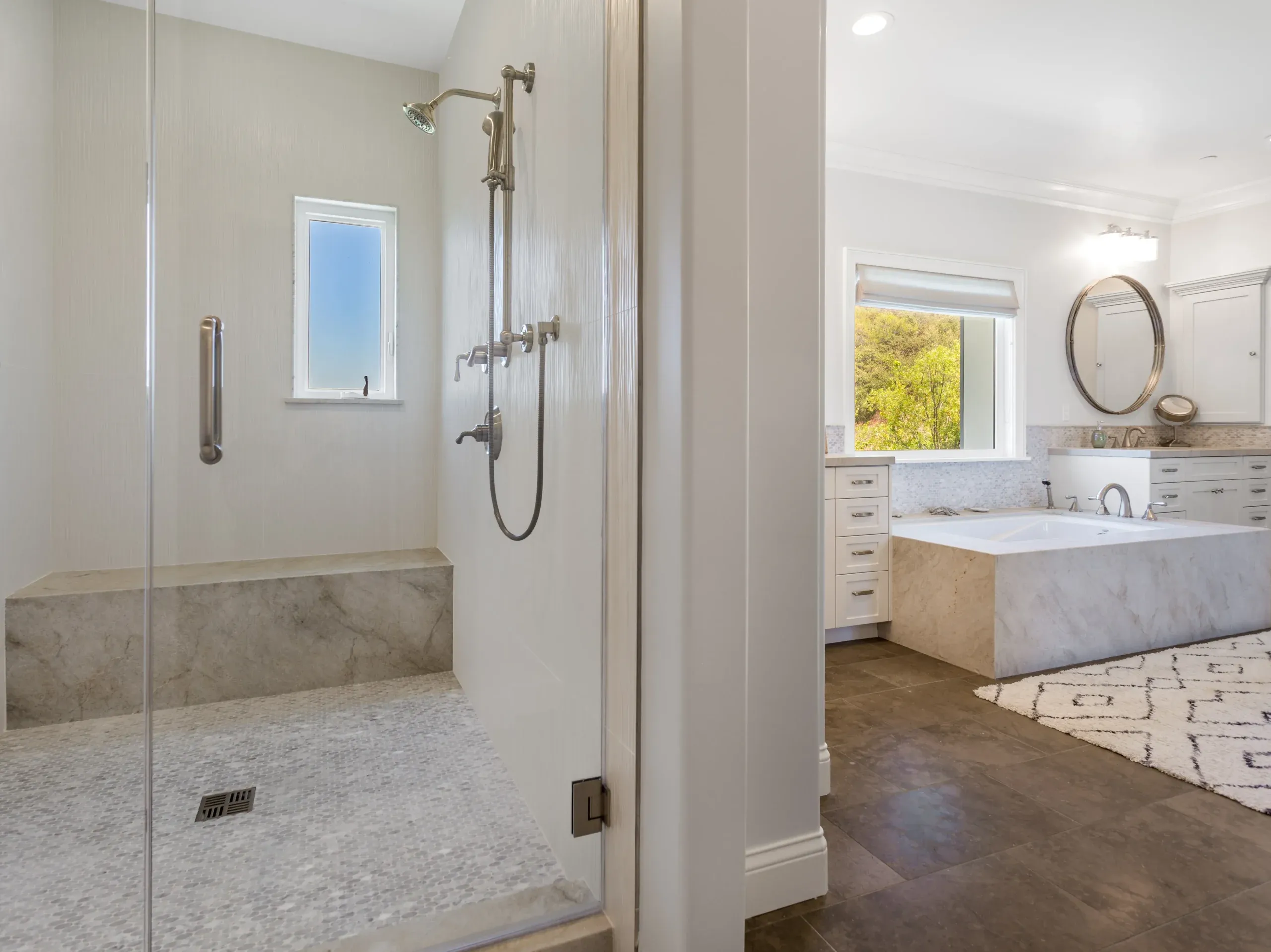 Walk-in master shower with dark tile, Lake Sherwood