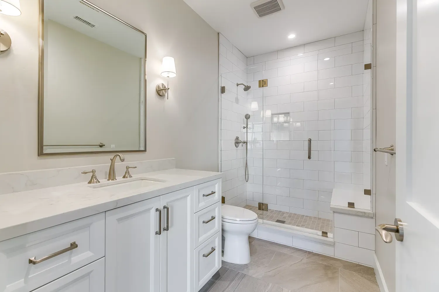 New bathroom with subway tile shower, Mesa Circle, Santa Barbara