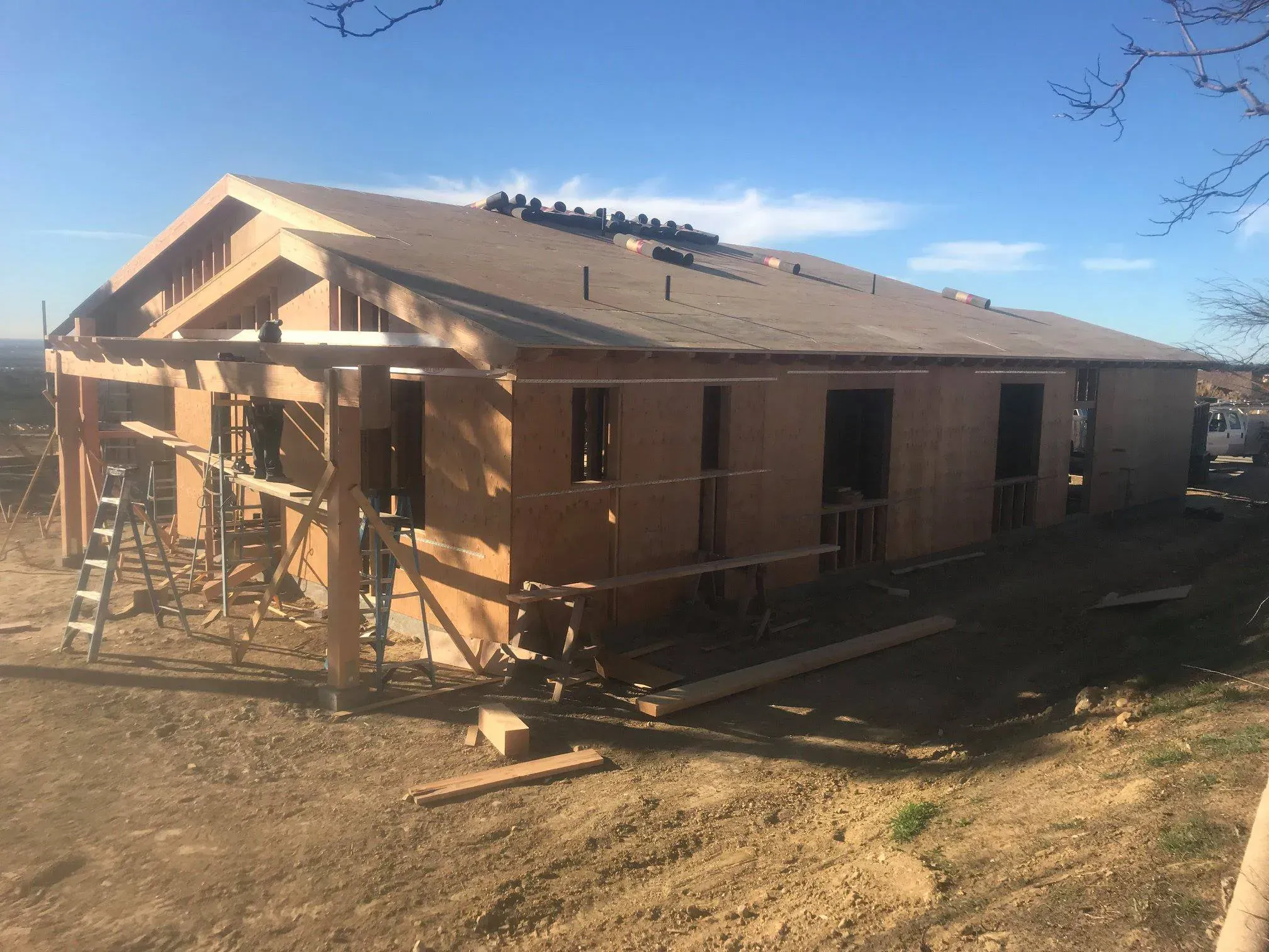 Framing of the single-level custom home on the Mesa Circle hilltop