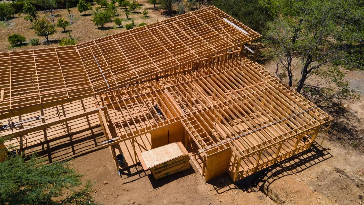 Detached unit roof framing from above
