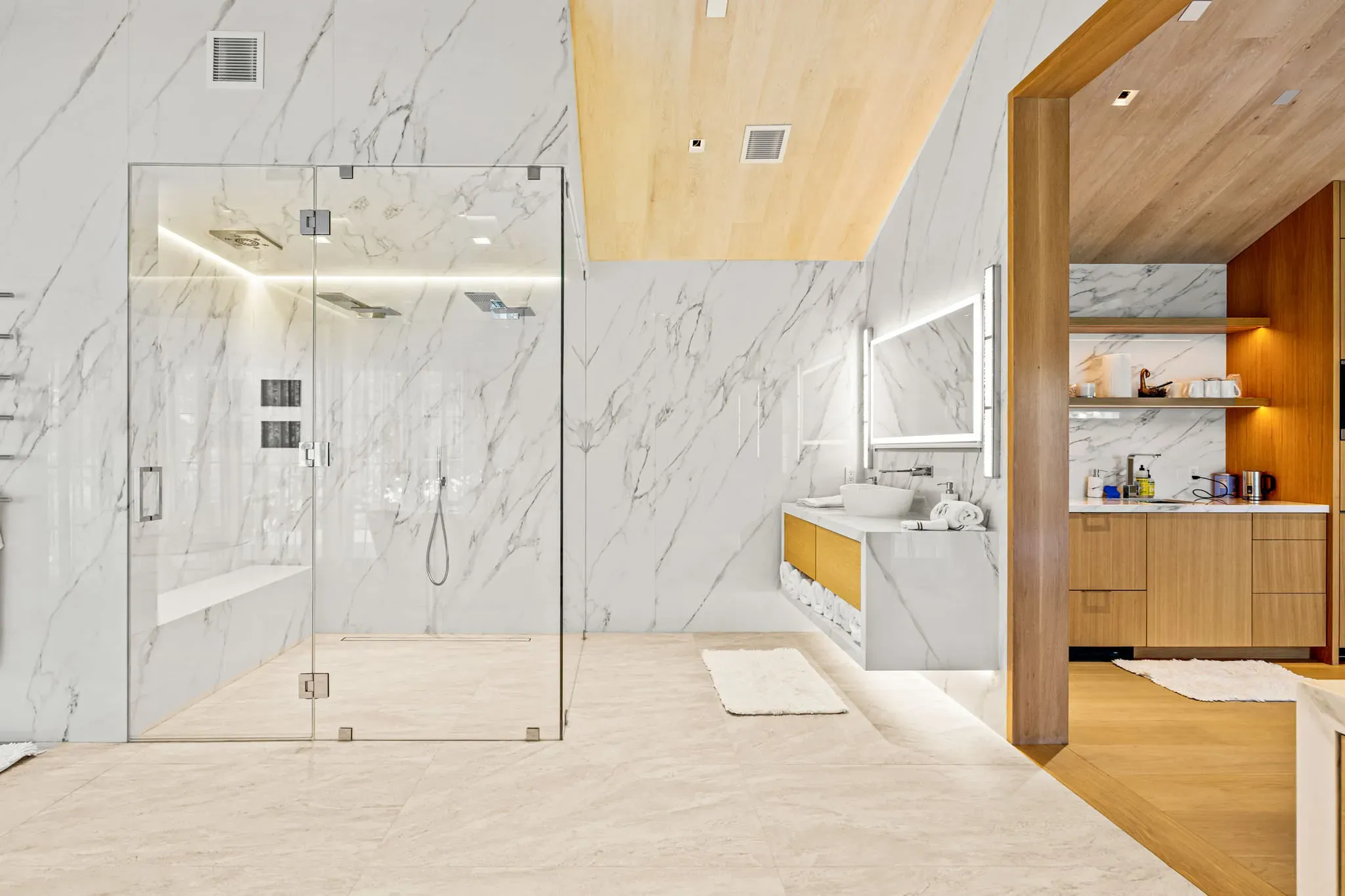 Marble shower and wood vanity, North Ranch estate