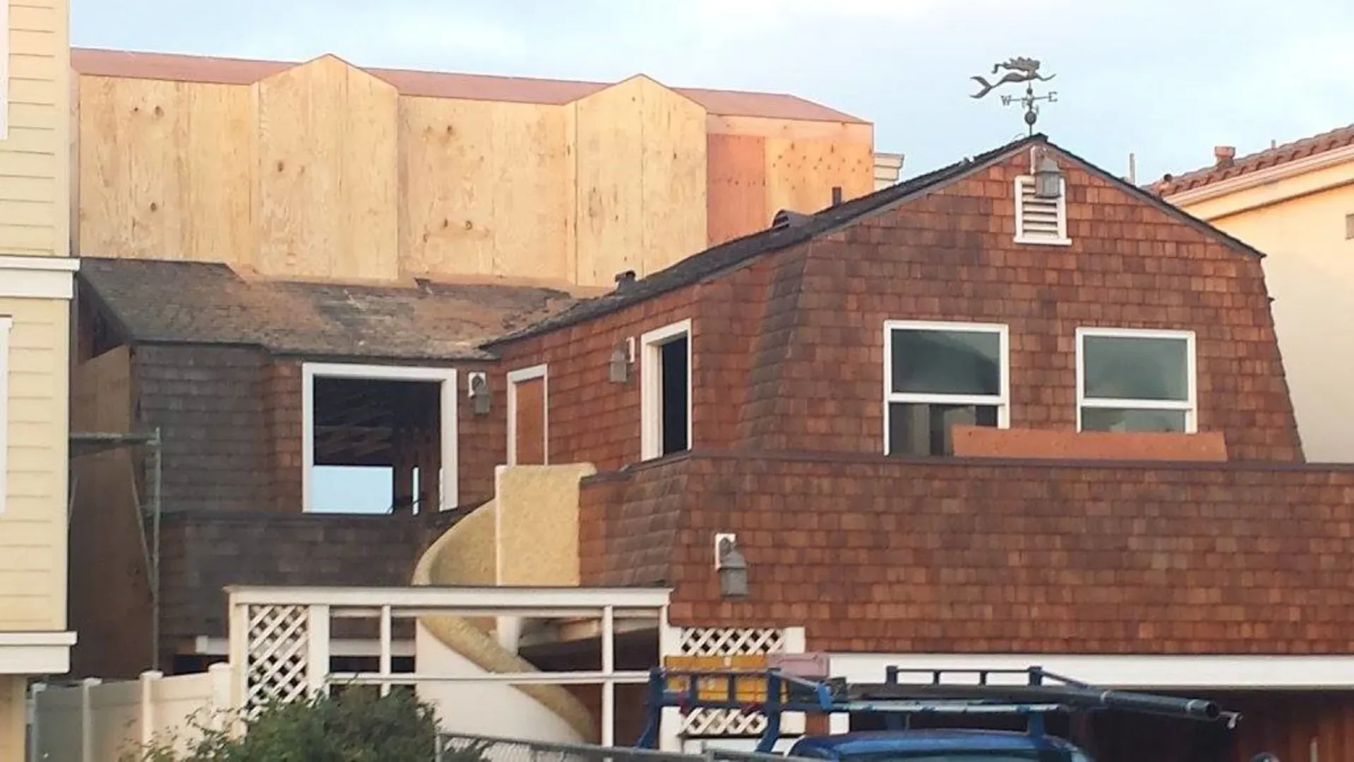 Roof opened in sections for the new second story on the Silver Strand beach house