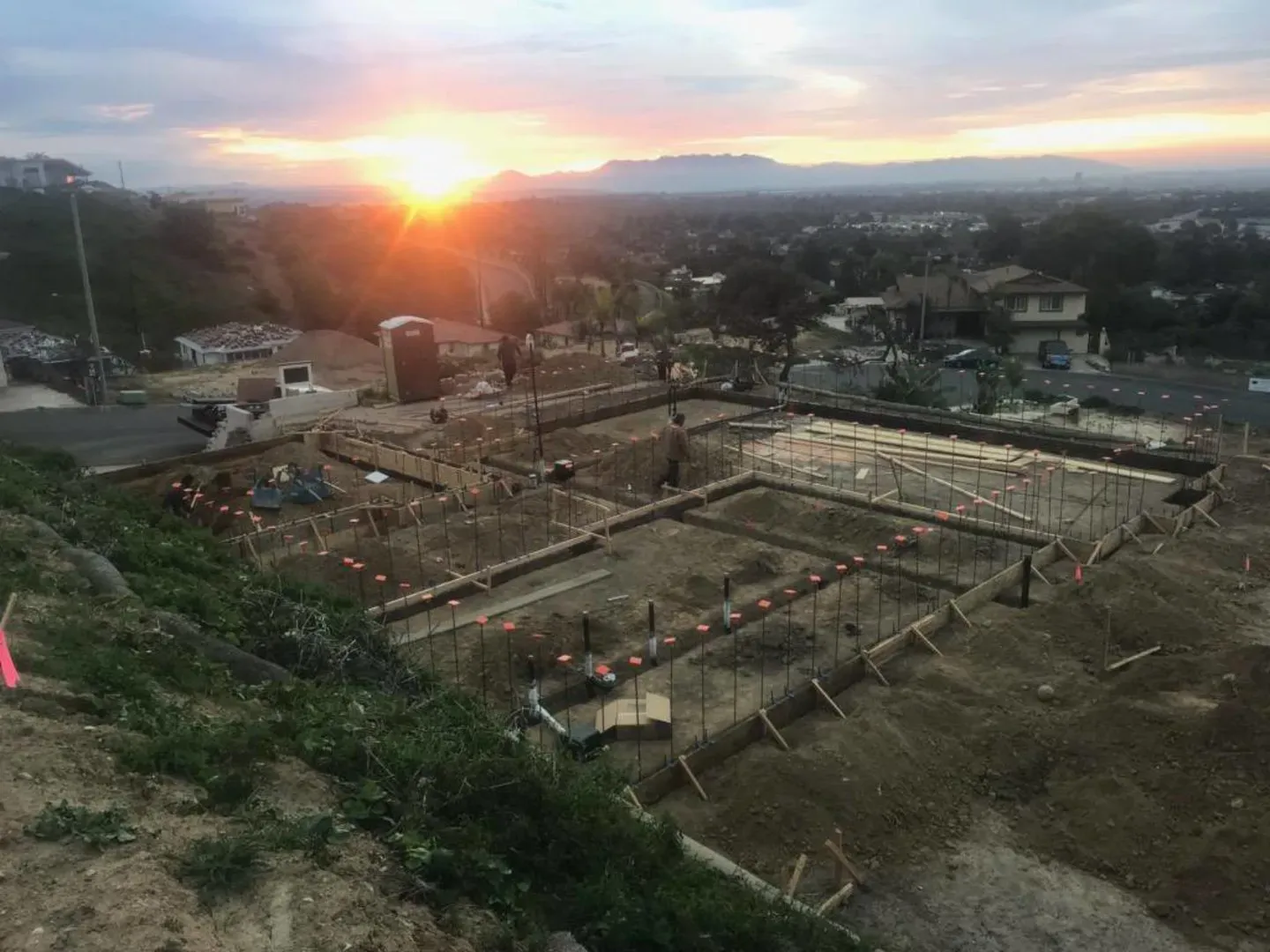 New foundation forms on the Ventura hillside at sunset